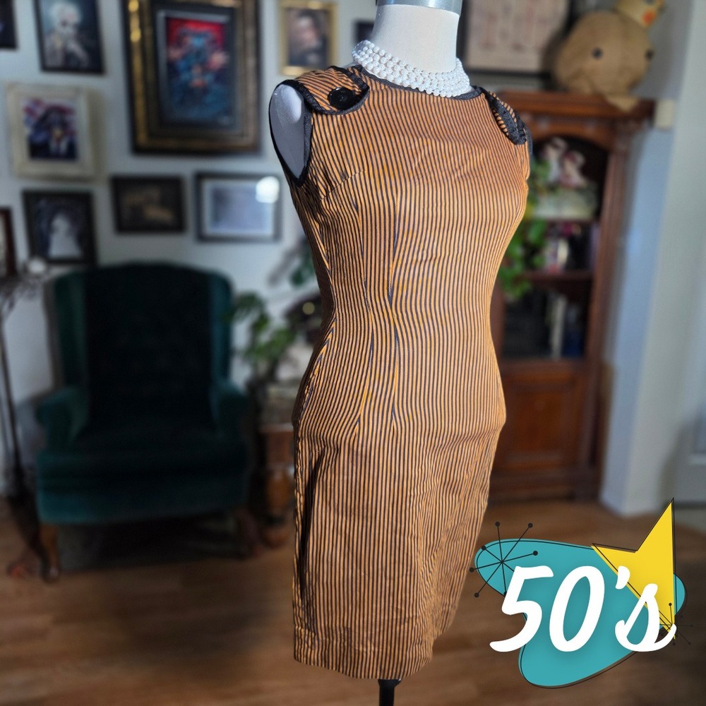 Vintage 50s Mustard Striped Sleeveless Sheath Wiggle Dress Button Shoulder Midi